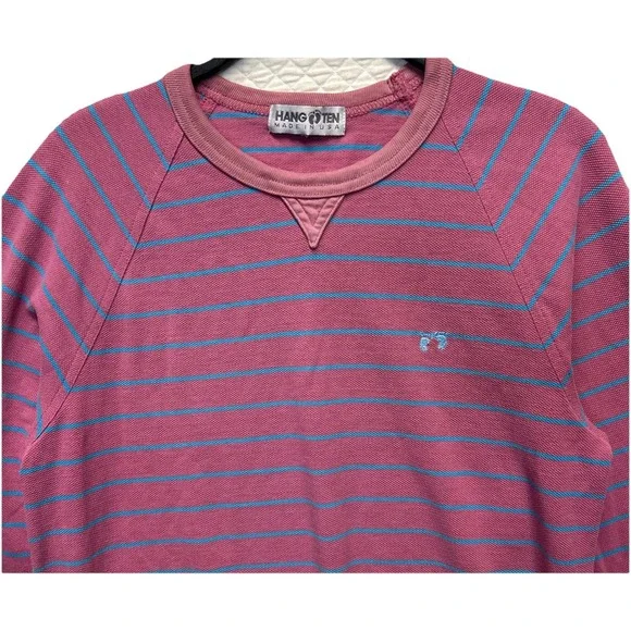 Vintage Hang Ten Foot Print Knit Crew Neck Sweater Striped Pink Powder Blue - Picture 2 of 8